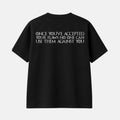 A black short-sleeve t-shirt shown from the back, featuring a large white graphic print with Japanese text and 'ARAKAWA HALF MARATHON' and 'PRESENTED BY BOOST' on the upper back, set against a plain off-white background.