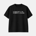 Black oversized t-shirt with white Gothic-style text “Chaos Isn’t A Pit, Chaos Is A Leader” printed on the chest, Veltino