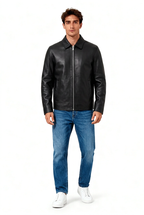 Veltino Black Leather Jacket - Model Front View