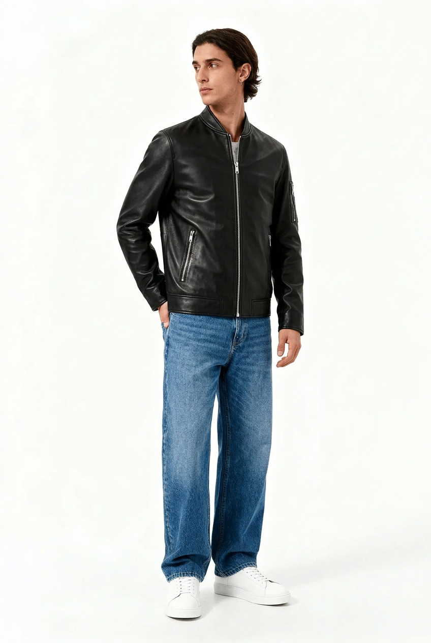 Veltino Black Leather Jacket - Model Side View