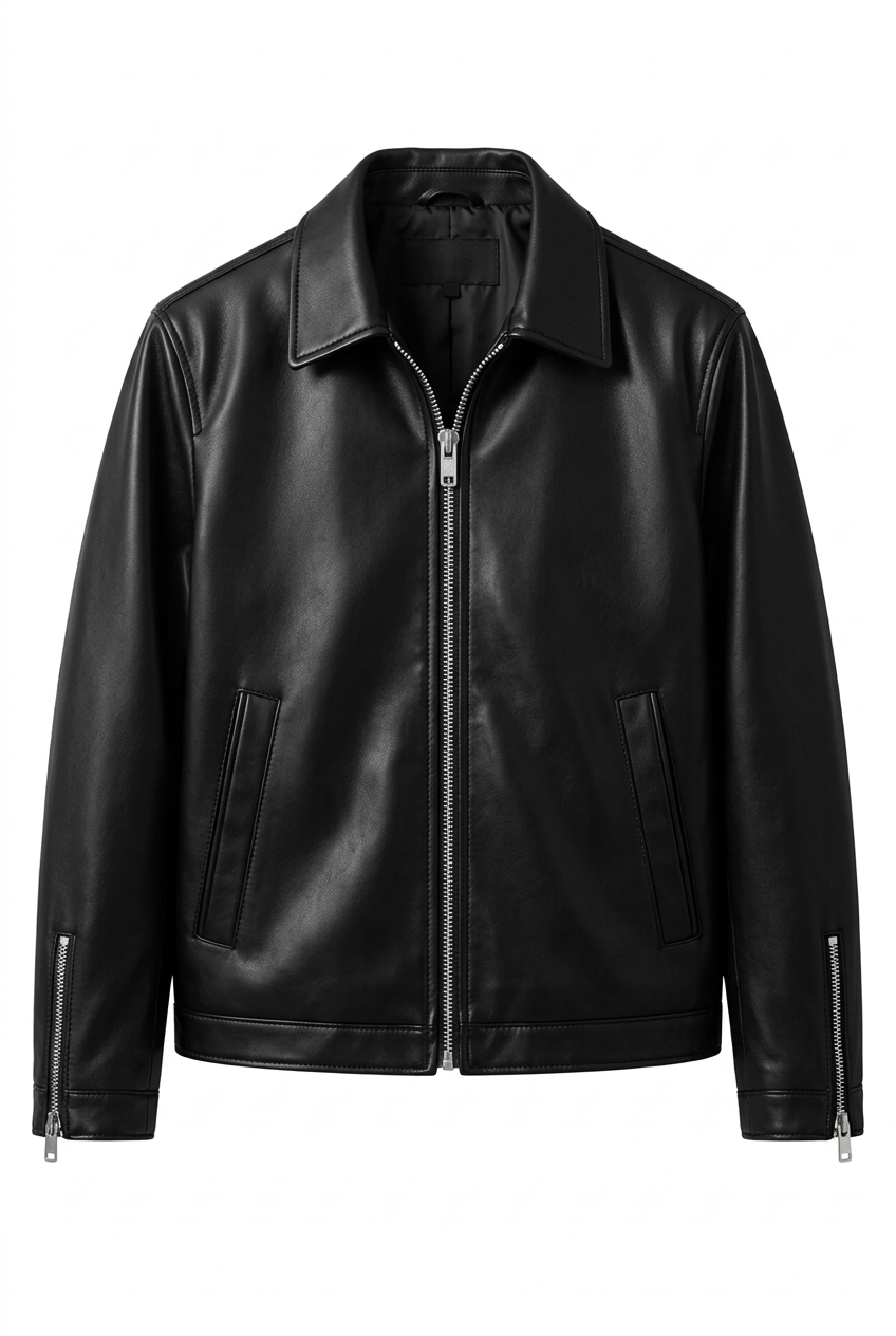 Veltino Black Leather Jacket - Plain Front View