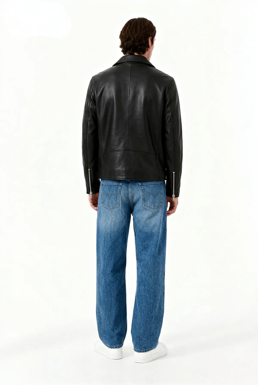 Veltino Black Leather Jacket - Model Back View