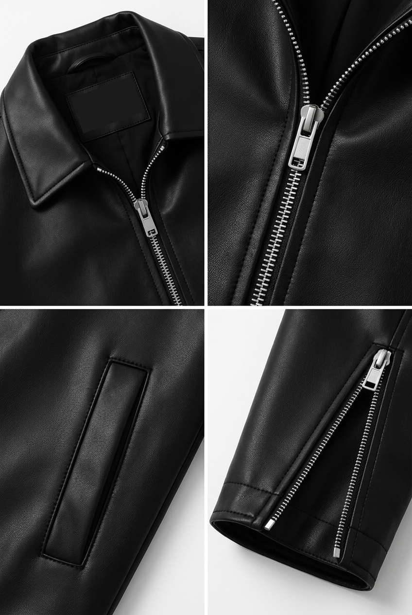 Veltino Black Leather Jacket - Zipper and Pocket Detail