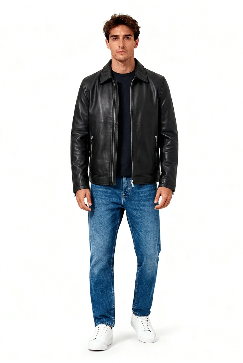 Veltino Black Leather Jacket - Model Full Zip Open Front