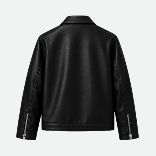 Back view of Veltino unisex cropped black leather jacket