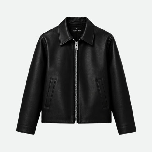 Veltino basic black leather jacket, cropped fit, front view