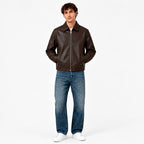 Close-up of the collar and zip on the Veltino brown leather jacket