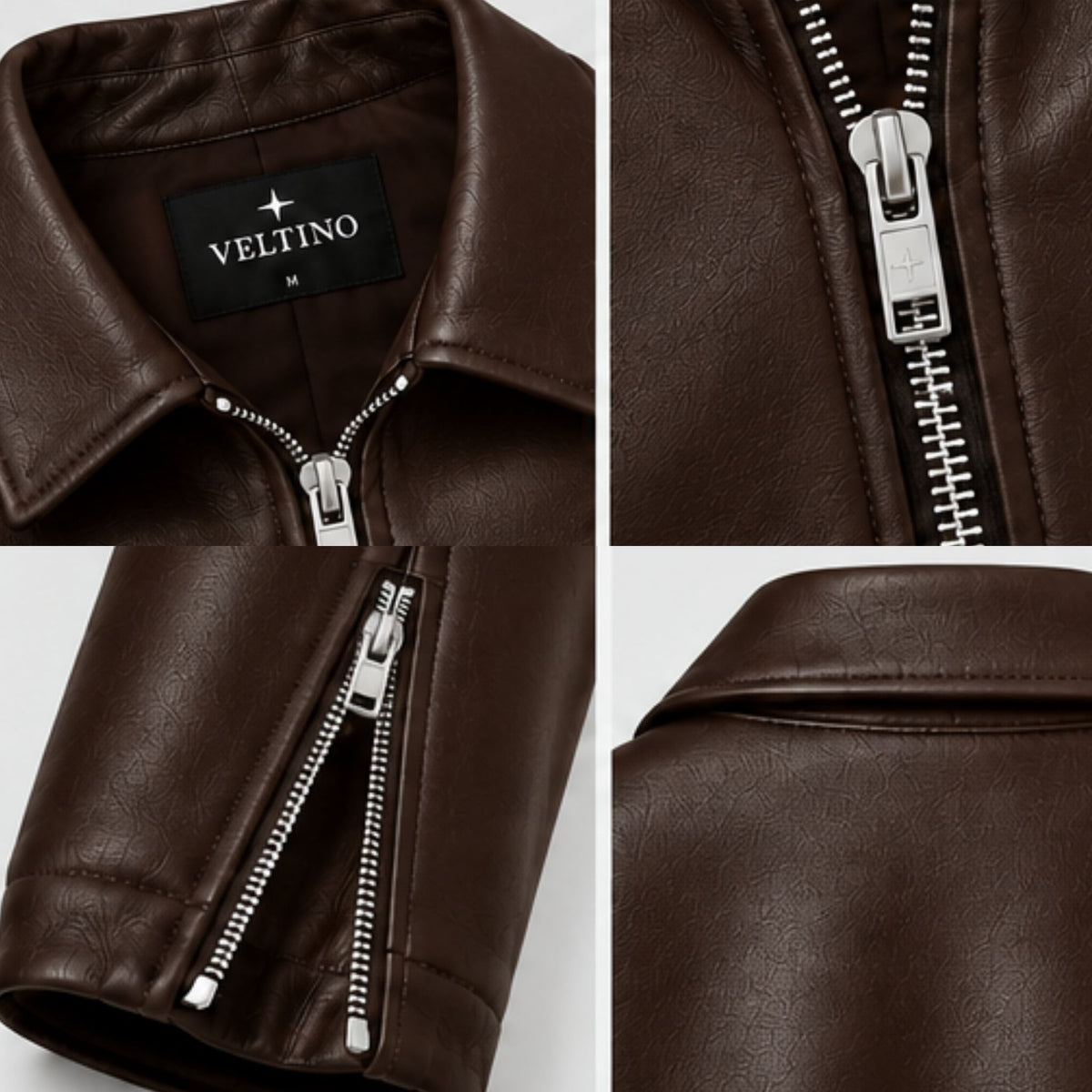 Female model styling the Veltino cropped brown leather jacket with jeans
