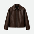 Veltino basic brown leather jacket, cropped fit, front view