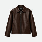 Veltino basic brown leather jacket, cropped fit, front view