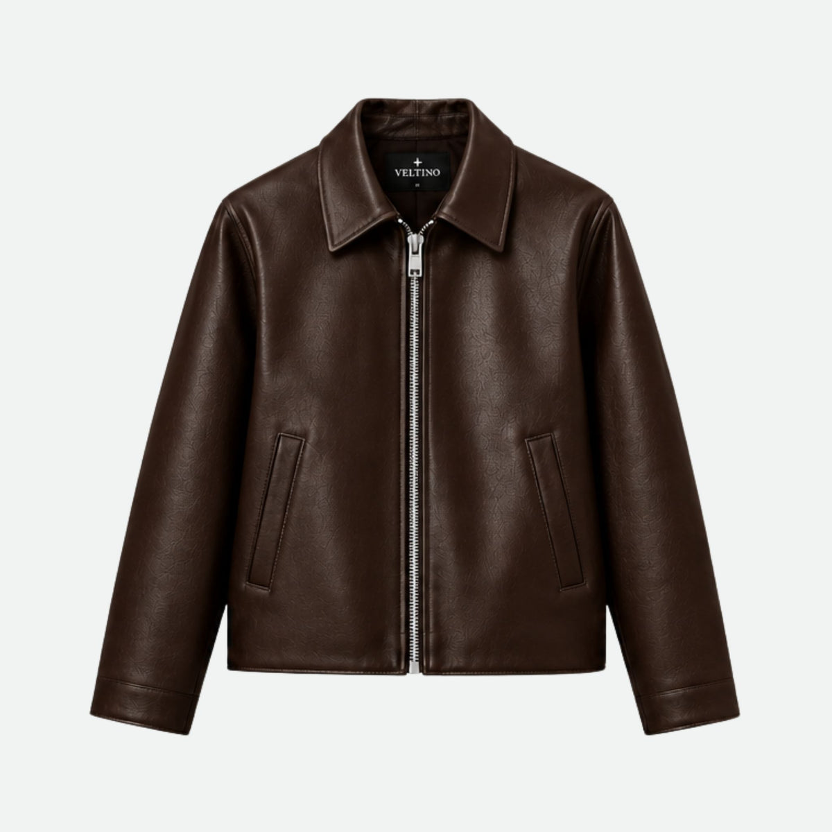 Veltino basic brown leather jacket, cropped fit, front view