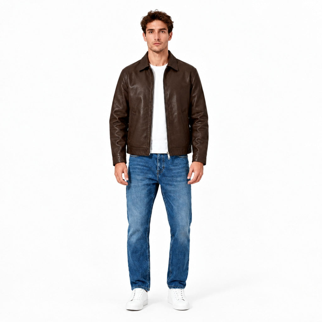 Side view showing the cropped fit of the Veltino brown leather jacket