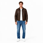 Side view showing the cropped fit of the Veltino brown leather jacket