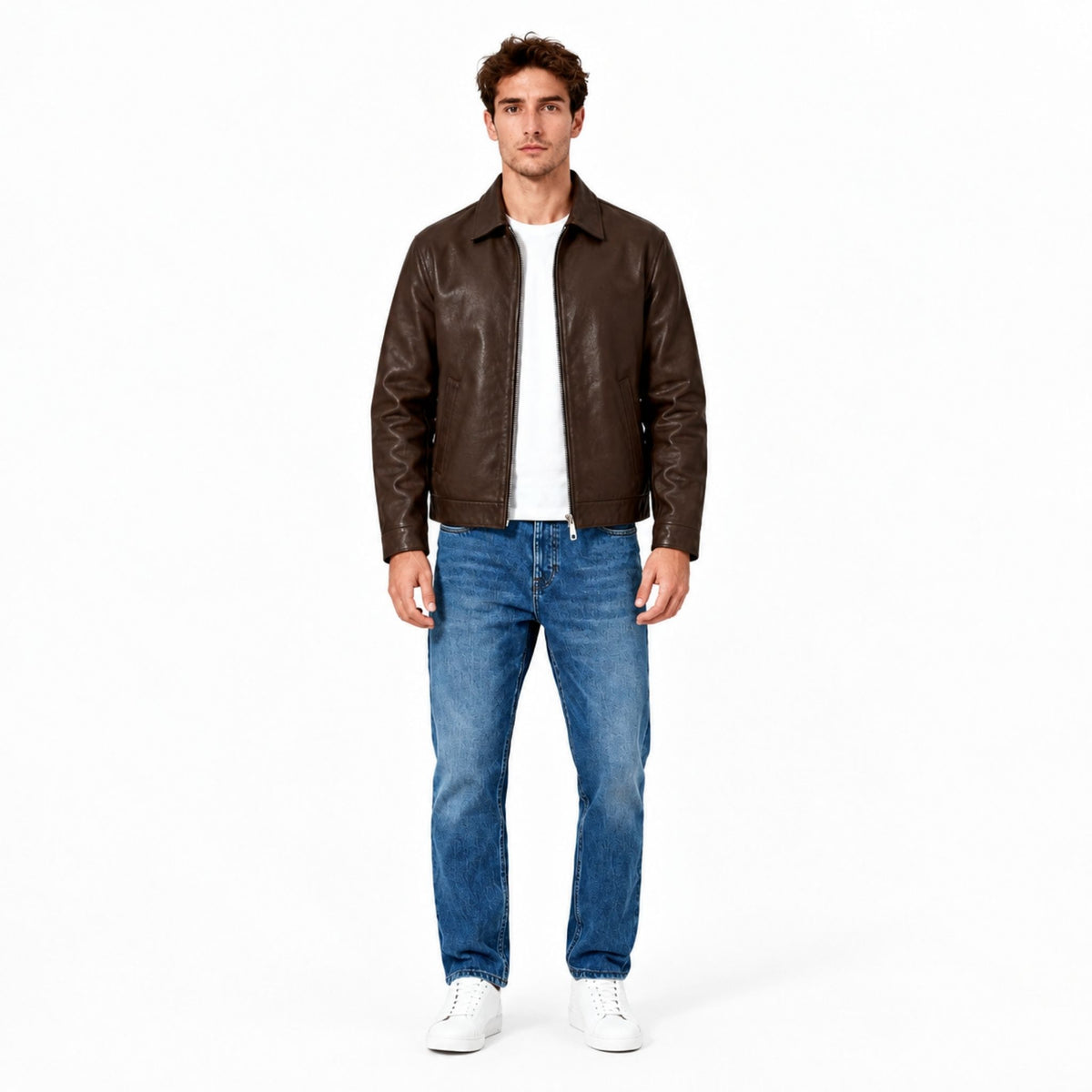Side view showing the cropped fit of the Veltino brown leather jacket