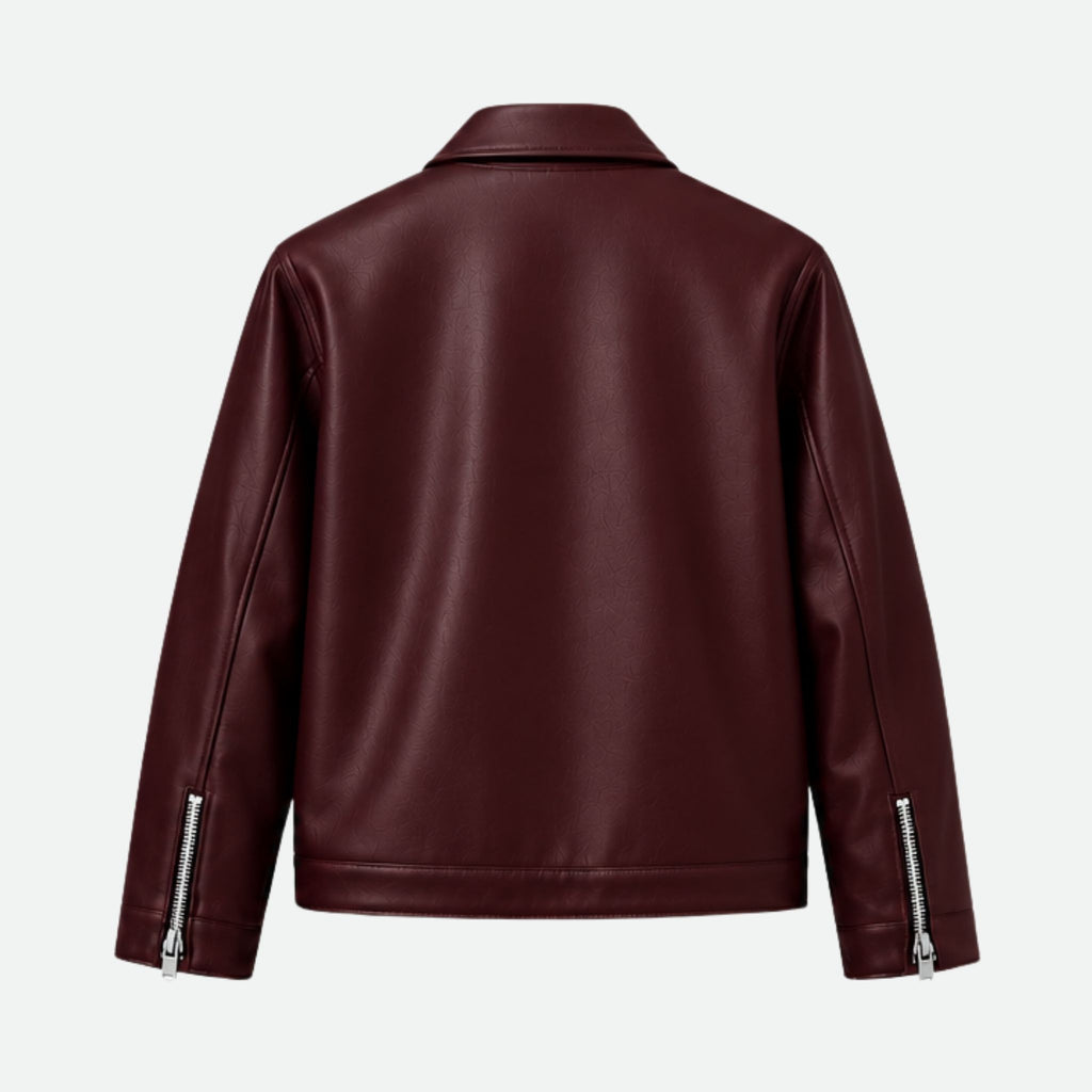 Back view of Veltino unisex cropped burgundy leather jacket