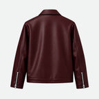 Back view of Veltino unisex cropped burgundy leather jacket