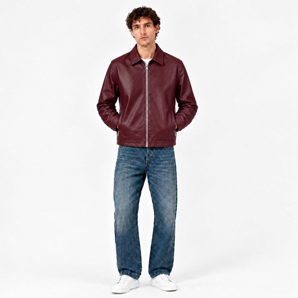 Close-up of the collar and zip on the Veltino burgundy leather jacket