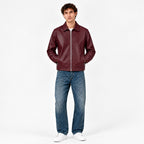 Close-up of the collar and zip on the Veltino burgundy leather jacket
