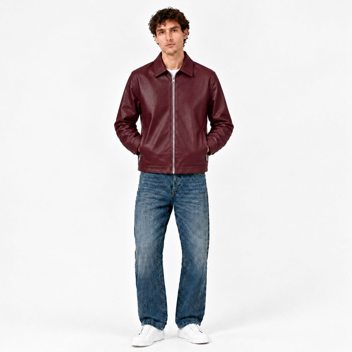 Close-up of the collar and zip on the Veltino burgundy leather jacket