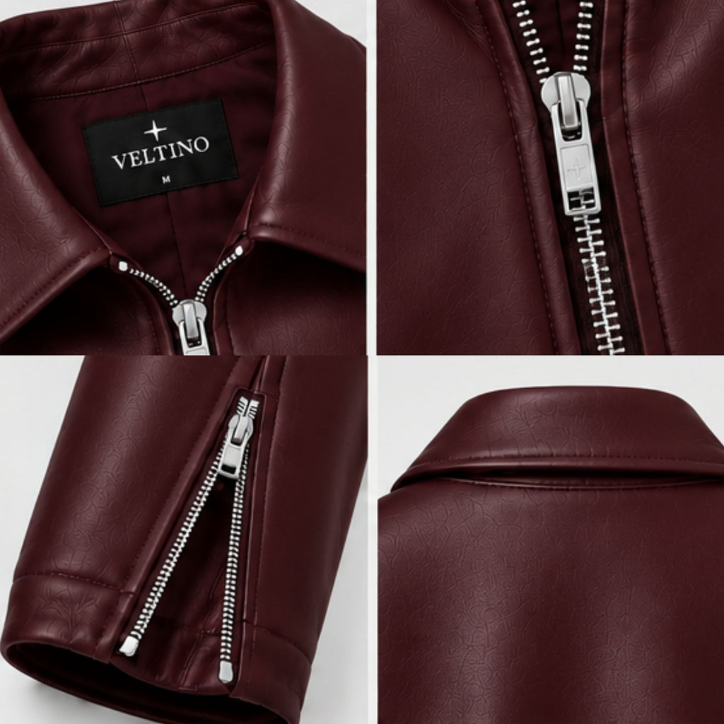 Female model styling the Veltino cropped burgundy leather jacket with jeans