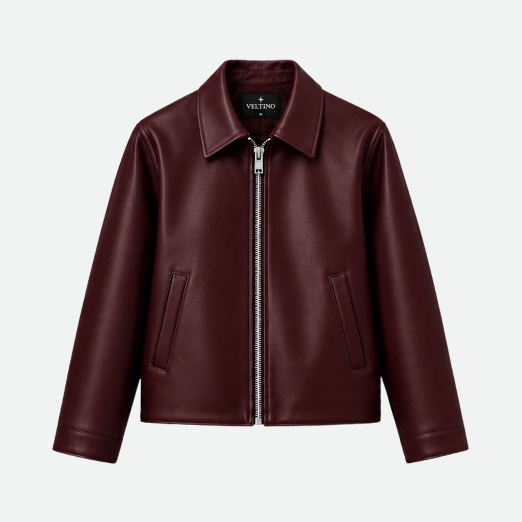 Veltino basic burgundy leather jacket, cropped fit, front view