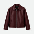 Veltino basic burgundy leather jacket, cropped fit, front view