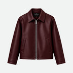 Veltino basic burgundy leather jacket, cropped fit, front view