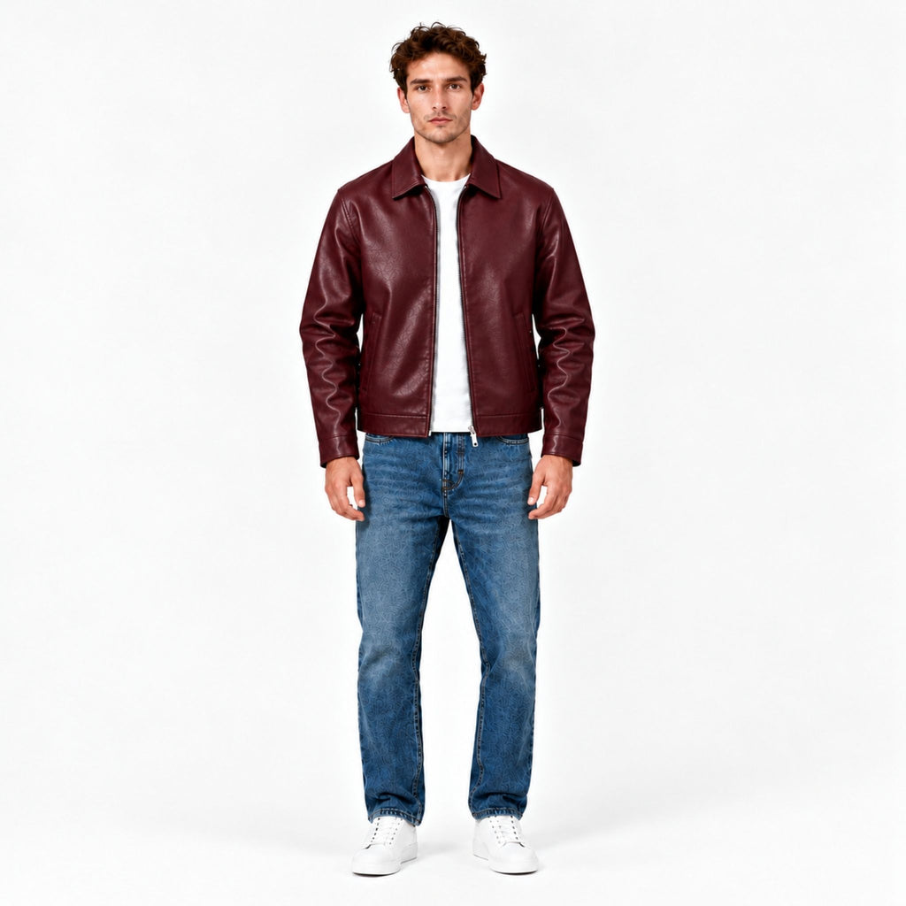 Side view showing the cropped fit of the Veltino burgundy leather jacket