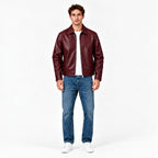 Side view showing the cropped fit of the Veltino burgundy leather jacket