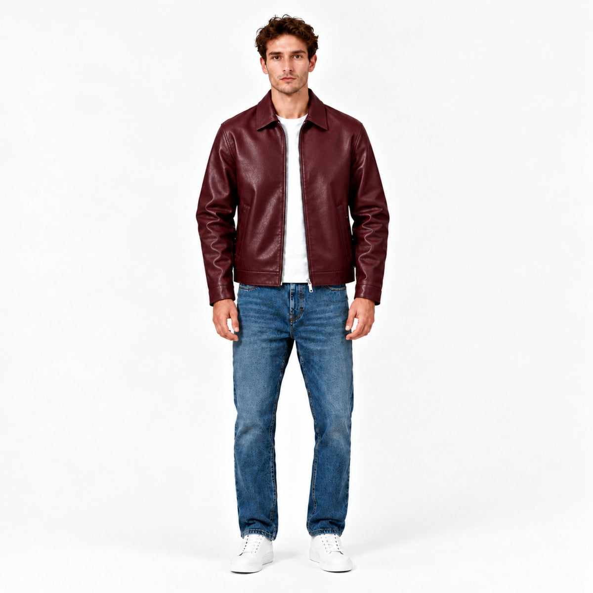 Side view showing the cropped fit of the Veltino burgundy leather jacket