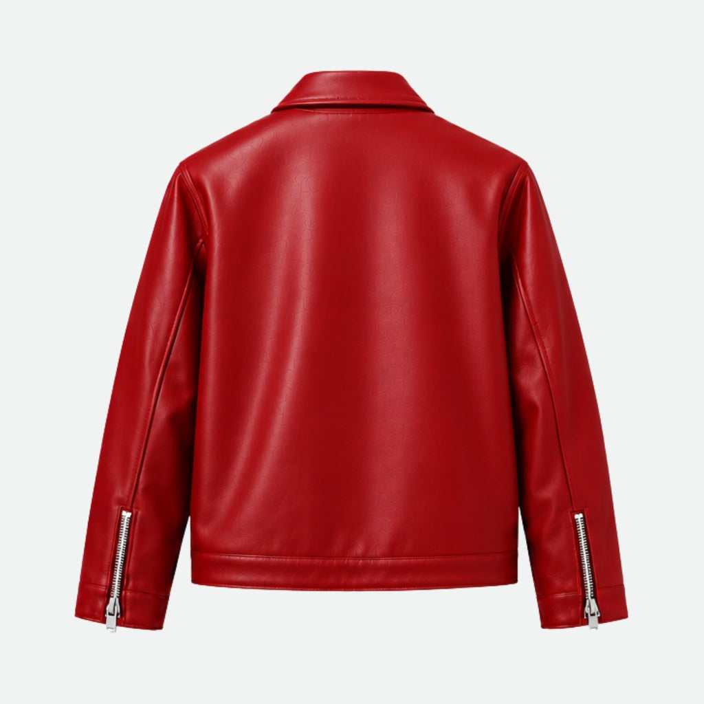 Back view of Veltino unisex cropped red vegan leather jacket