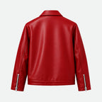 Back view of Veltino unisex cropped red vegan leather jacket
