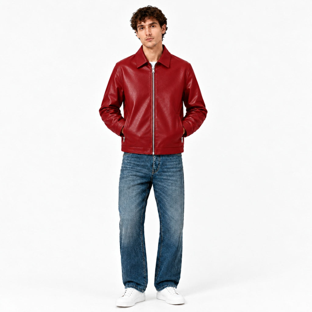 Close-up of the collar and zip on the Veltino red vegan leather jacket