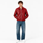 Close-up of the collar and zip on the Veltino red vegan leather jacket