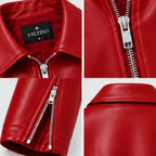 Female model styling the Veltino cropped red vegan leather jacket with jeans