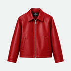 Veltino basic red vegan leather jacket, cropped fit, front view