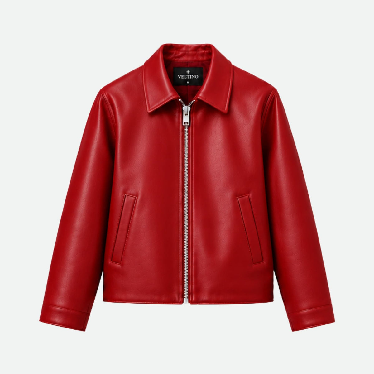 Veltino basic red vegan leather jacket, cropped fit, front view