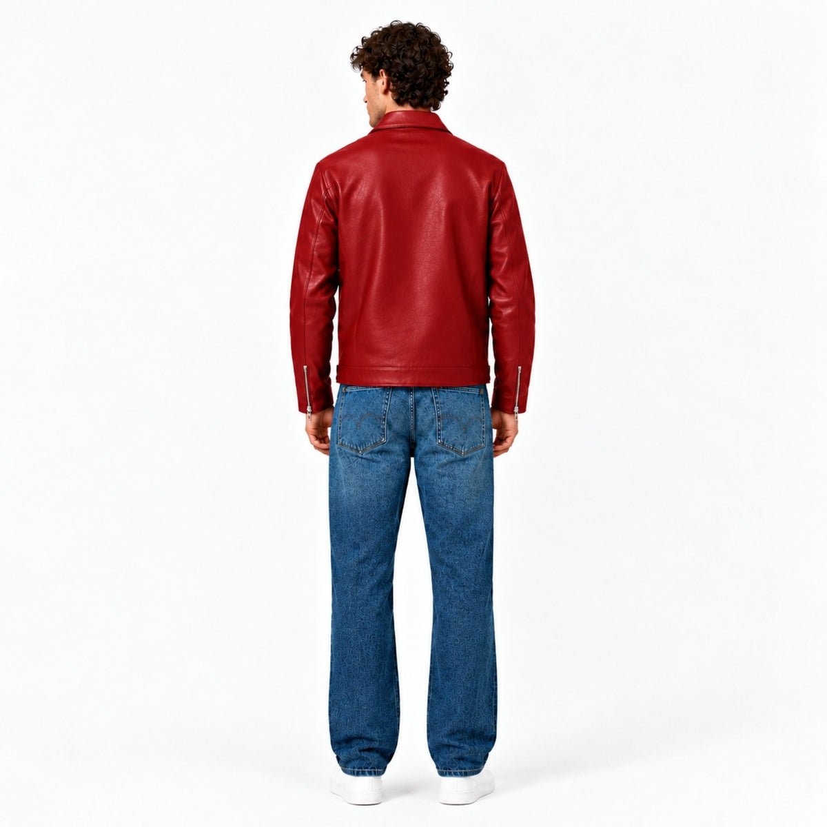 Male model wearing the Veltino unisex red vegan leather jacket with a black tee