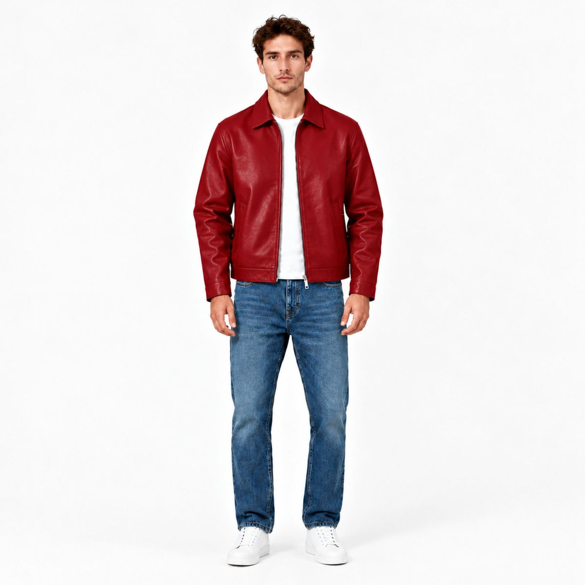 jacket-side.jpg	Side view showing the cropped fit of the Veltino red vegan leather jacket