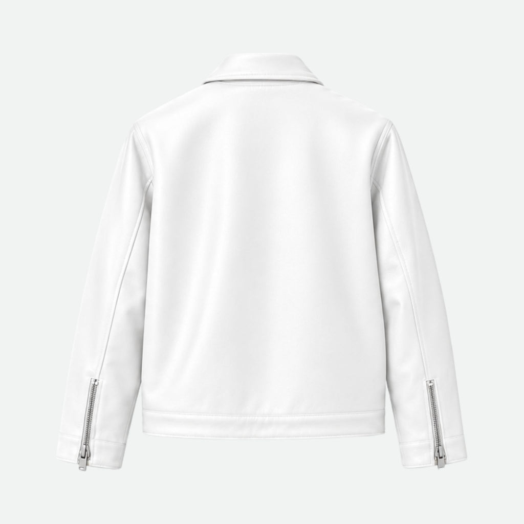 back.jpg	Back view of Veltino unisex cropped white leather jacket