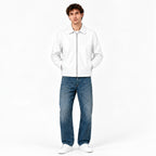 Close-up of the collar and zip on the Veltino white leather jacket