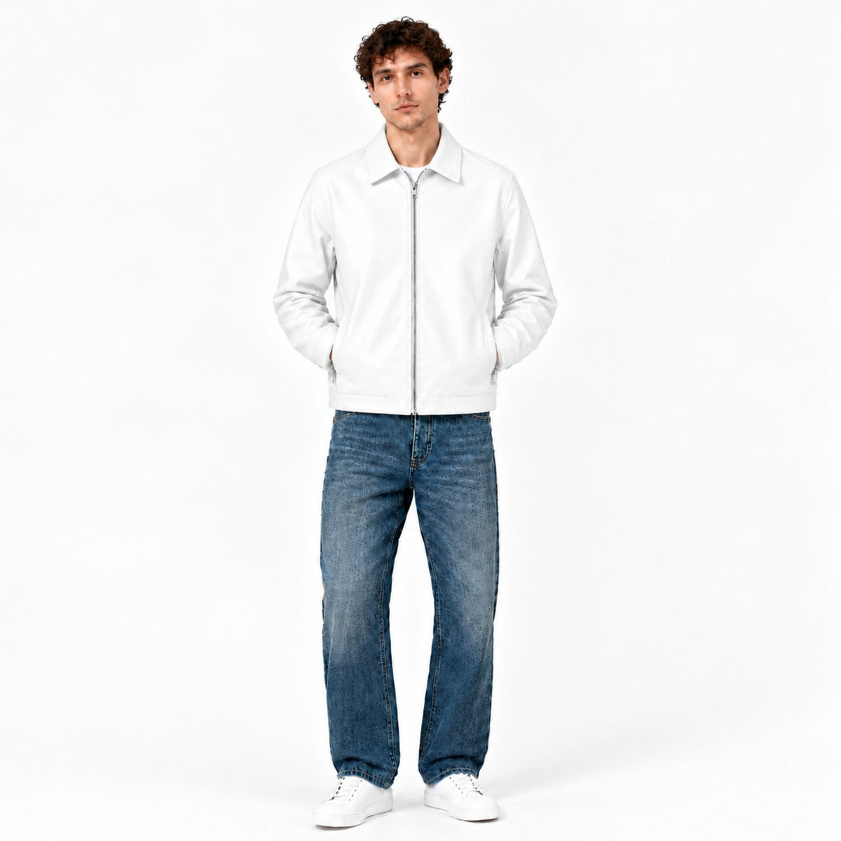 Close-up of the collar and zip on the Veltino white leather jacket