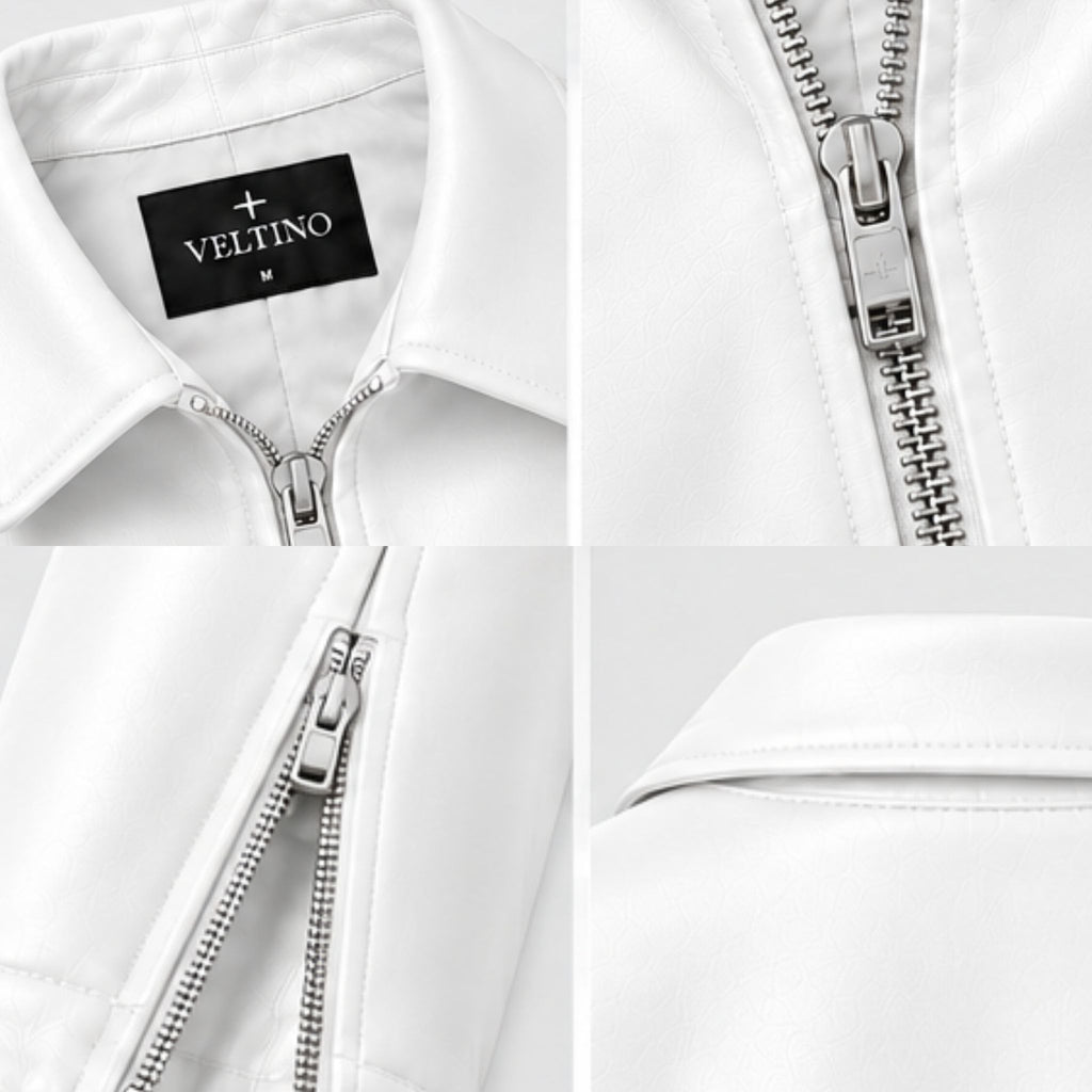 Female model styling the Veltino cropped white leather jacket with jeans