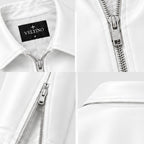 Female model styling the Veltino cropped white leather jacket with jeans