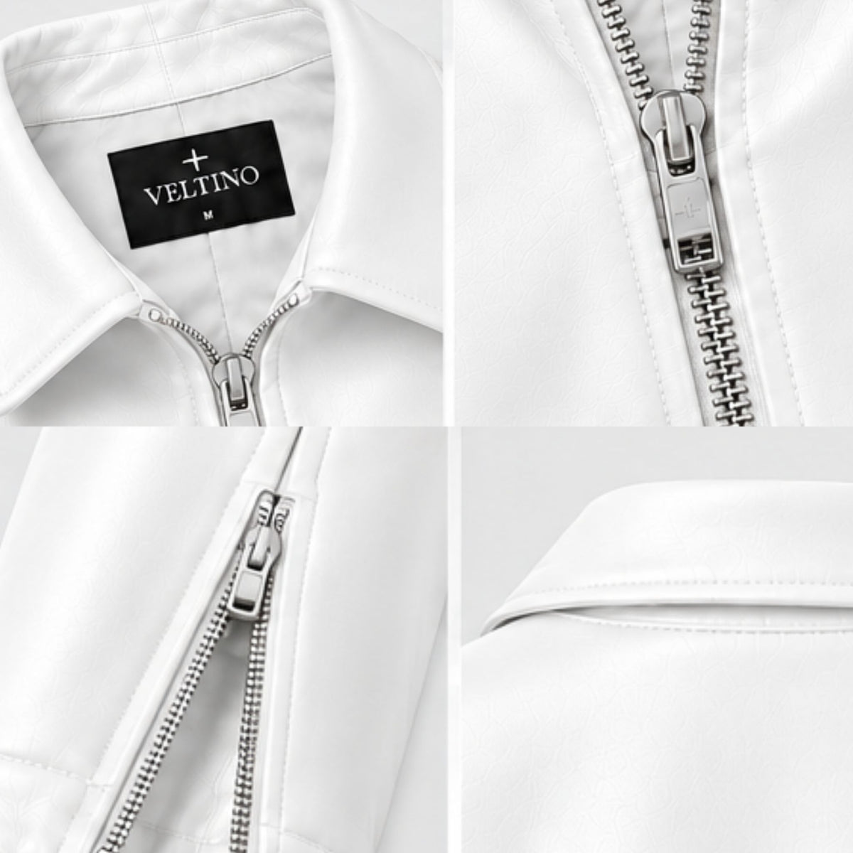 Female model styling the Veltino cropped white leather jacket with jeans