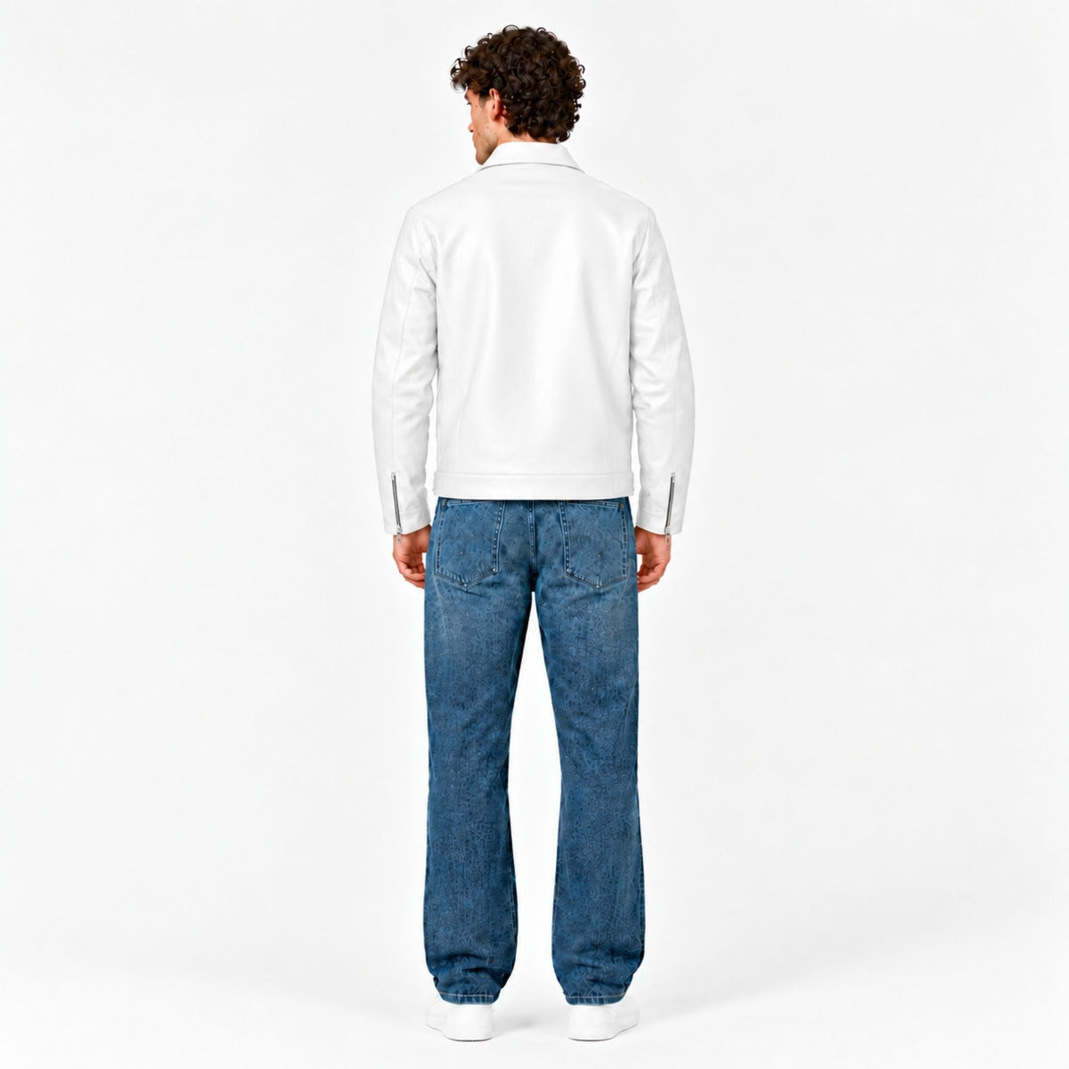 Male model wearing the Veltino unisex white leather jacket with a black tee