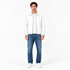 Side view showing the cropped fit of the Veltino white leather jacket